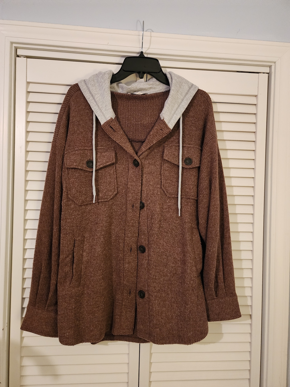 Zenana Outfitters Brown Utility Jacket with Gray Hood
